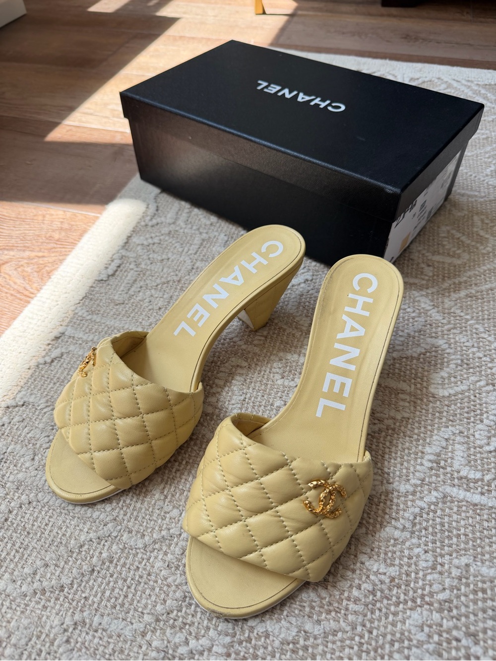 CHANEL Yellow Lambskin Quilted Slide Sandals Size 39